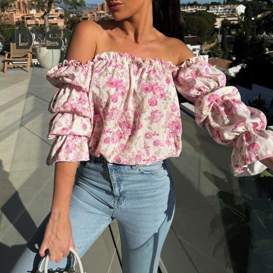 Koszula Damska Odkrywająca Ramiona Rozkloszowany Długi Rękaw Design Pulowerowe Topy Kwiatowy Nadruk Luźny Krój Koszula Casual Odzież Biurowa