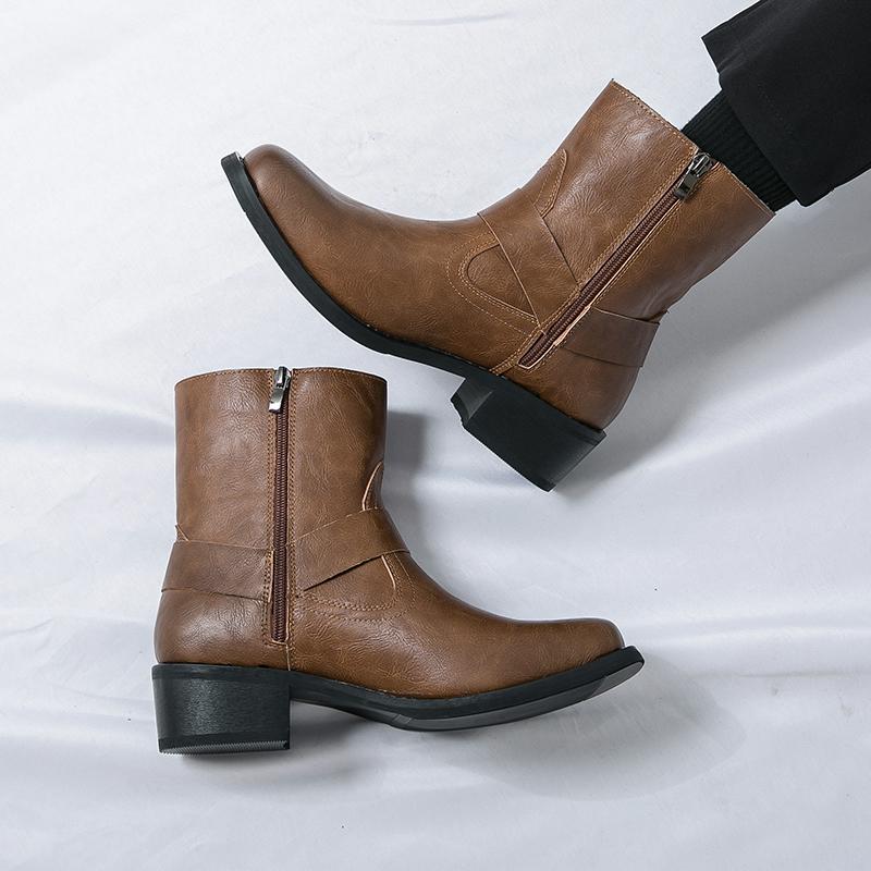Fashion Square Toe Boots Men PU Solid Color Low Heel Comfortable Non Slip Classic Business Casual Men Short Boots