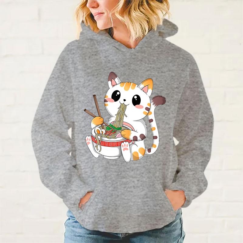 Neue Kawaii Katze isst Ramen Hoodies Damen Herren Teenager Lässiger Persönlichkeits-Pullover Mode Langarm Sweatshirt