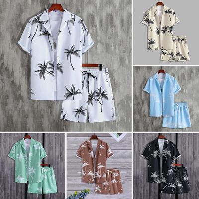 2Pcs/Set Men Summer Casual Outfit Lapel Short Sleeve Single Breasted Shirt Elastic Drawstring Waist Wide Leg Shorts