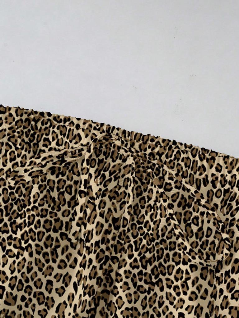 Women's Plus Size High Waist Leopard Print Wide Leg Pants - Summer Casual European American Style
