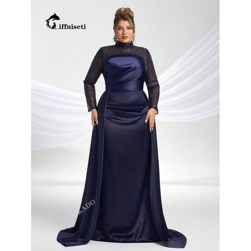 

European and American Plus-Size Sequin Patchwork V-Neck Long-Sleeve Elegant and Luxurious Evening Gown Dress for Tall Women Navy blue XL