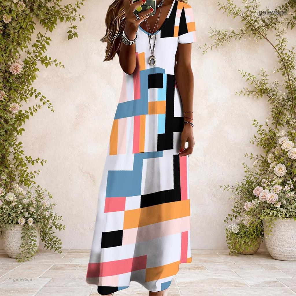 Women Plus Size V Neck Short Sleeve Black Printed Straight Maxi Dress