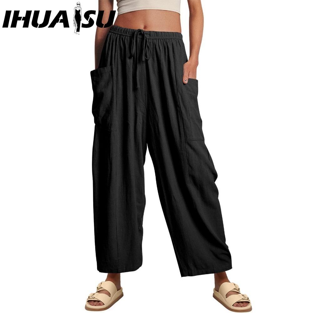 IHUASU Moda feminina casual cor sólida estampa cintura alta calças e capris