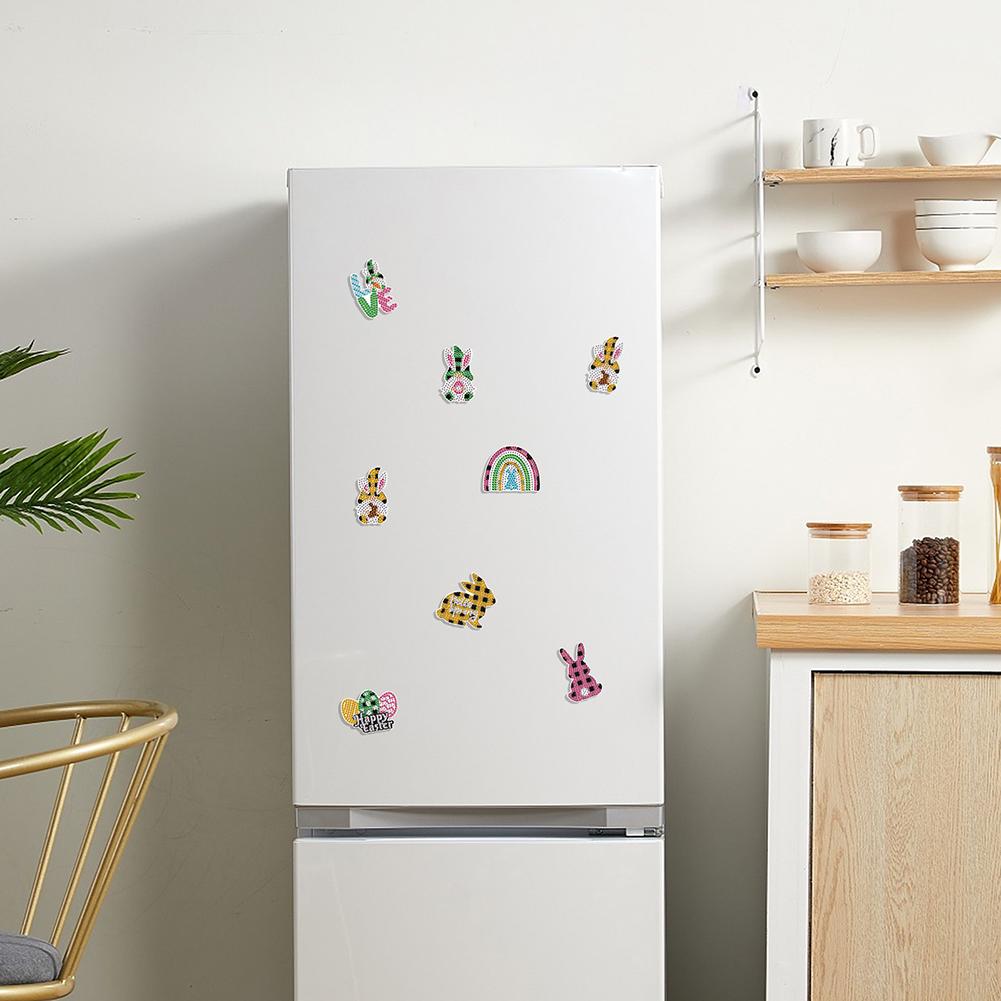 8Pcs Easter Rabbit Diamond Art Fridge Magnet Diamond Art Magnets Decals Diamond Painting Fridge Magnet for DIY Crafts Party Gift