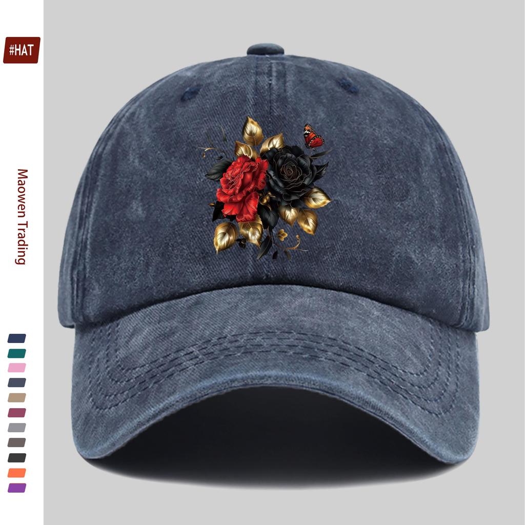 pc pcs Red  Black Rose Trucker Cap for Men  Women  Adjustable Washed Buckle Strap Vintage Washed Baseball Hat Suitable for