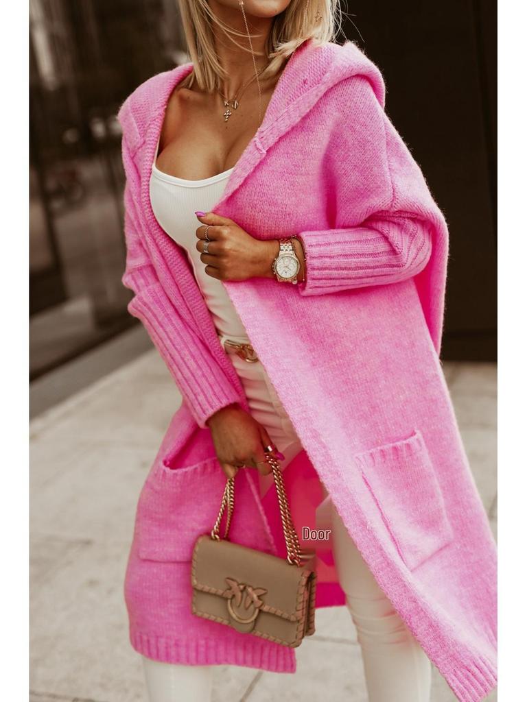 Autumn/Winter Hooded Long Cardigan Sweater with Turn-Down Collar and Letter Knit Design