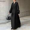 ZANZEA Women Casual V-Neck Long Sleeve Holiday Loose Long Dress