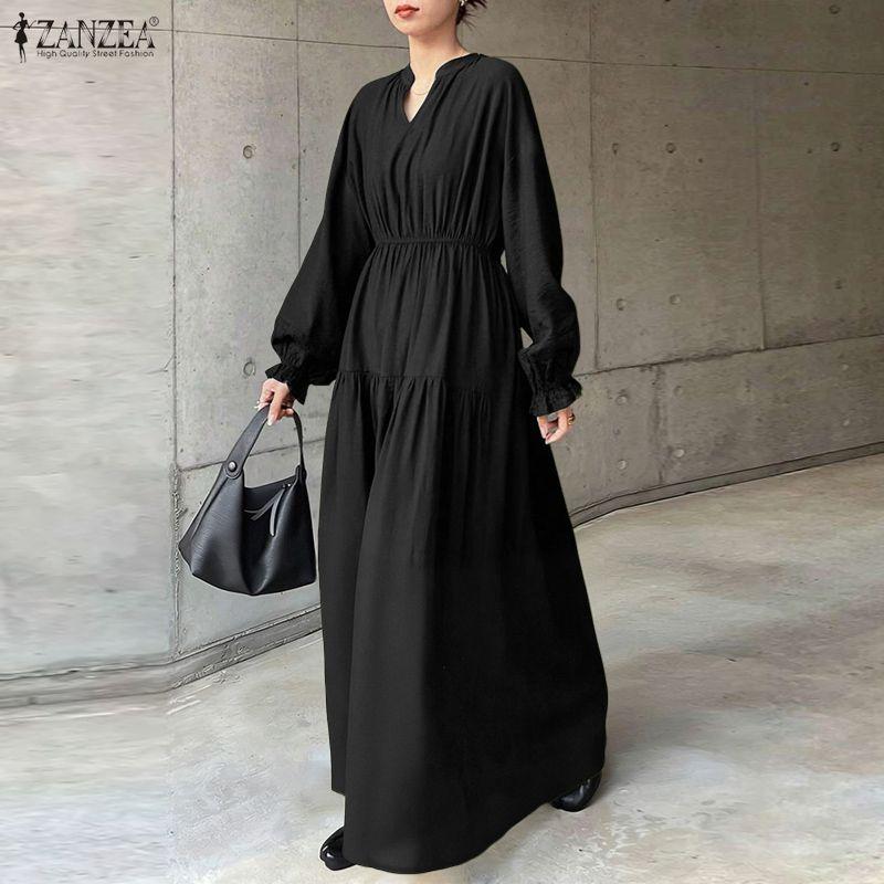 ZANZEA Women Casual V-Neck Long Sleeve Holiday Loose Long Dress