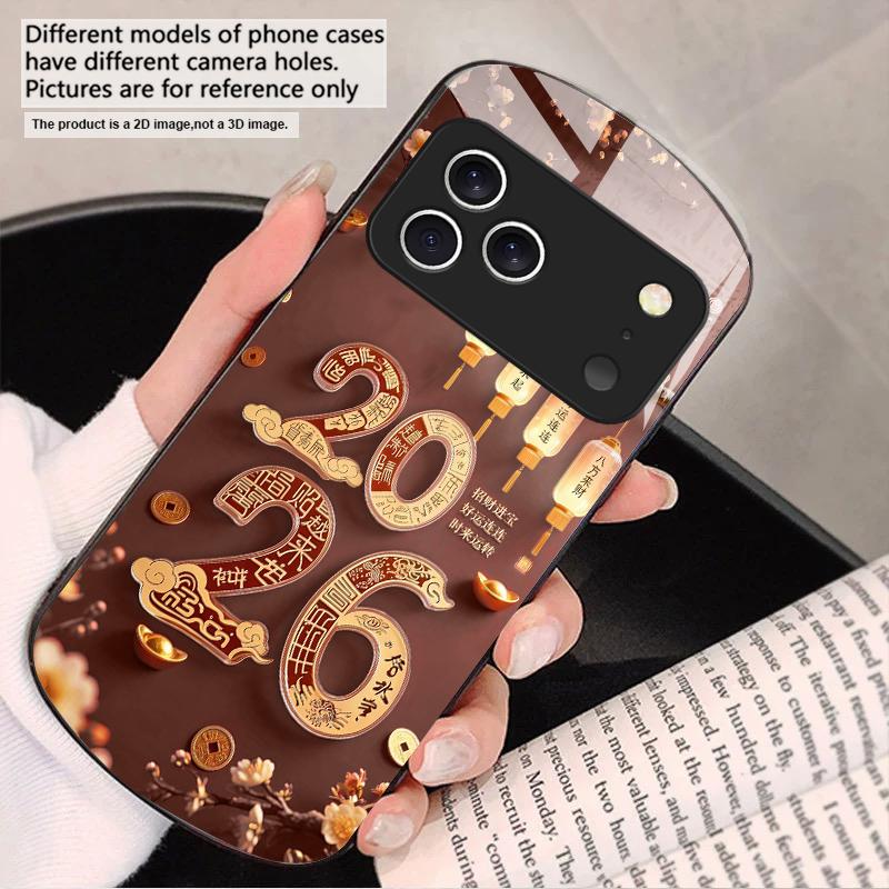 Happy New Year, 2026 For iPhone 17 16 15 14 13 Plus 12 mini 11 Pro Max XR Xs Max X 7 8 6S 22 20 Elliptical glass phone case
