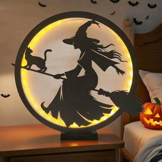 Halloween LED Lantern Wooden Desktop Light Witch Pumpkin Spider Cat Designs Silhouette Ornament Spooky Tabletop Home Party Decoration
