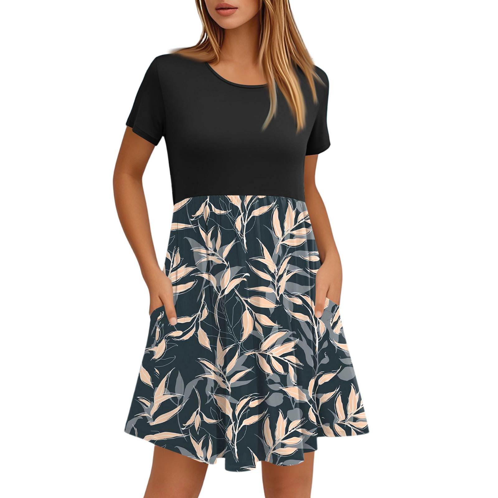 

Женские модные повседневные свободные платья с круглым вырезом и коротким рукавом с принтом и карманами M бежевый