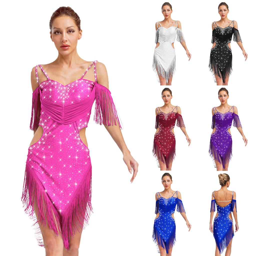 Womens Latin Dance Performance Costume Backless Cutout Design Spaghetti Straps Fringe Rhinestones Dress