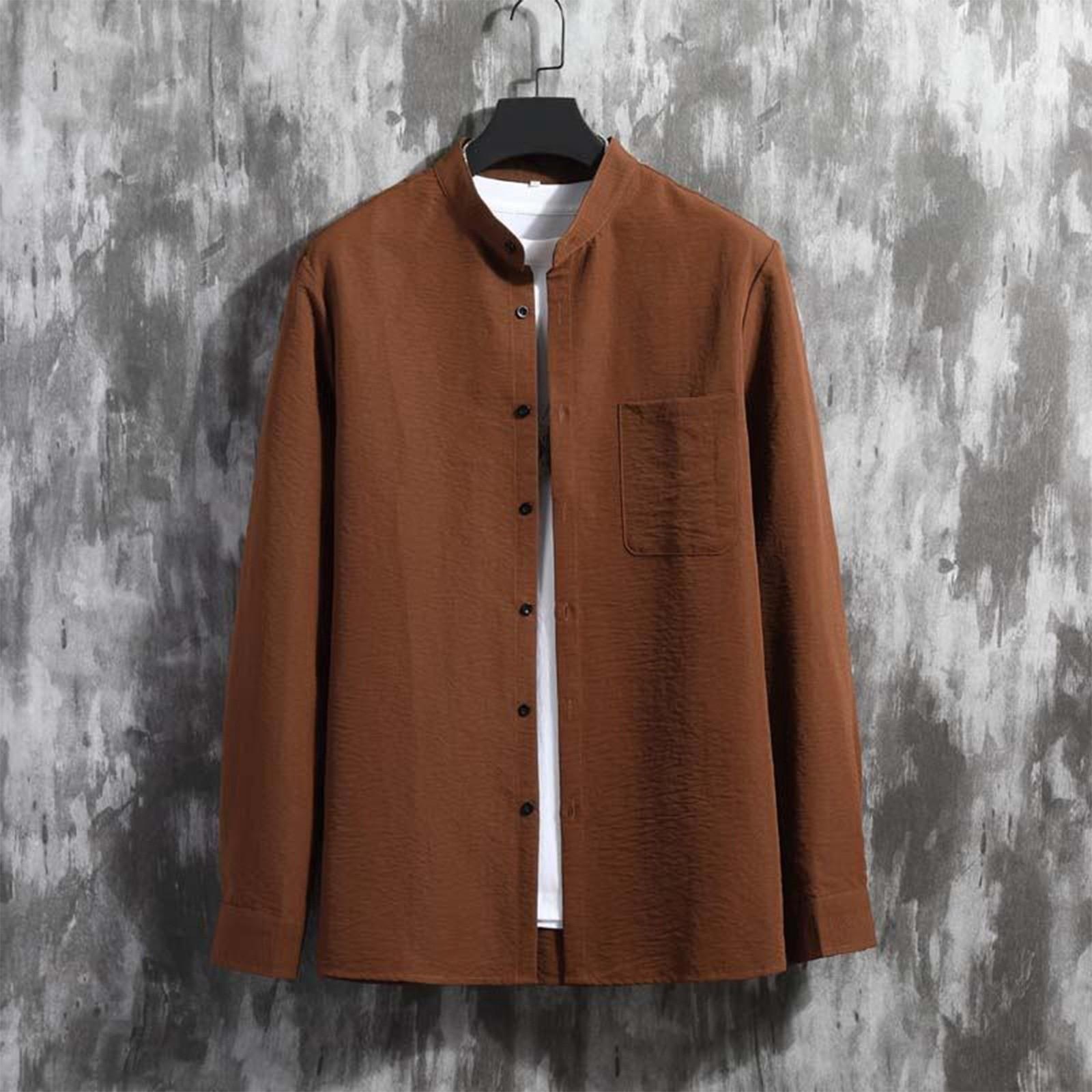 

Мужская осенняя рубашка свободного покроя с плиссировкой на пуговицах, однотонная, с воротником-стойкой и длинным рукавом XL кофейный