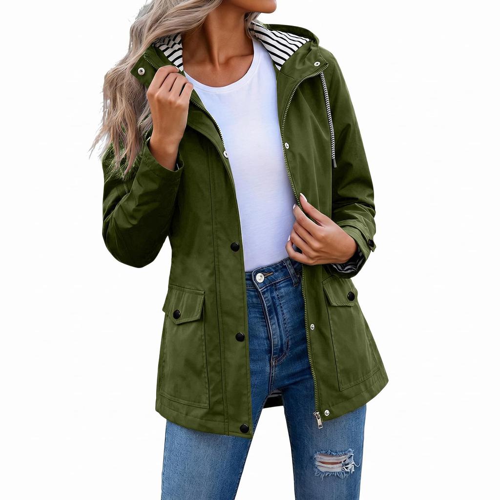 Women's Fashion Solid Color Hooded Loose Casual Waterproof Outdoor Jacket Lightweight Windbreaker Raincoat for Hiking Camping