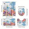 4pcs Healing Oil Painting Pastoral Sea of Flowers and Butterfly Pattern Shower Curtain Set Bathroom Curtain, Bathroom Decora