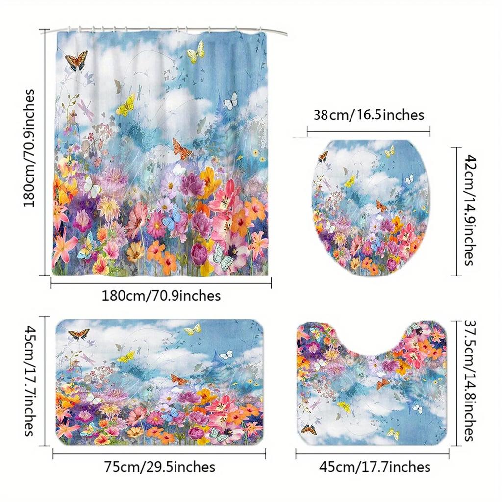 4pcs Healing Oil Painting Pastoral Sea of Flowers and Butterfly Pattern Shower Curtain Set Bathroom Curtain, Bathroom Decora