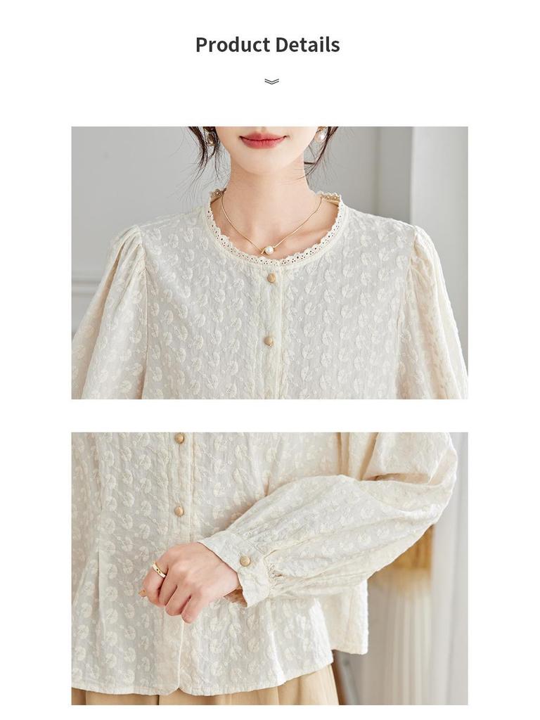 Women's Long Sleeve Embroidered Shirt - New Chinese Style, Apricot Round Neck, 2025 Autumn Collection