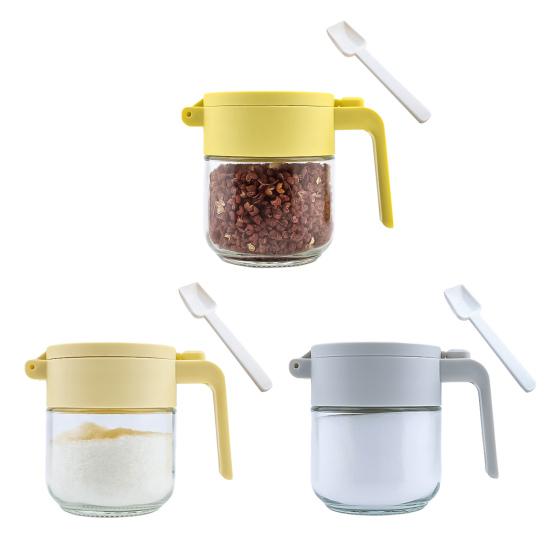 Glass Spice Jar with Airtight Lids Measuring Spoons 250ml Seasoning Bottle for Salt Sugar Seasonings Press-Type One-Hand Open Moisture-Proof Condiment
