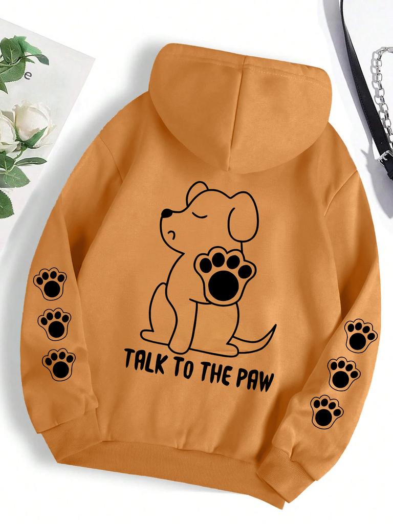 Sprich mit der Pfote Lustiger Hunde-Cartoon-Print Hoodie Damen Warmes Fleece Kapuzenpullover Mode Lässig Kapuze Herbst Locker Rundhals Damen Oberteile