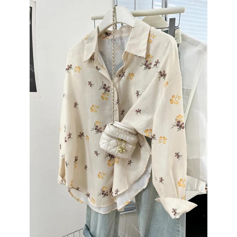 

Women s Floral Print Loose Fit Long Sleeve Button-Down Shirt S абрикосовый