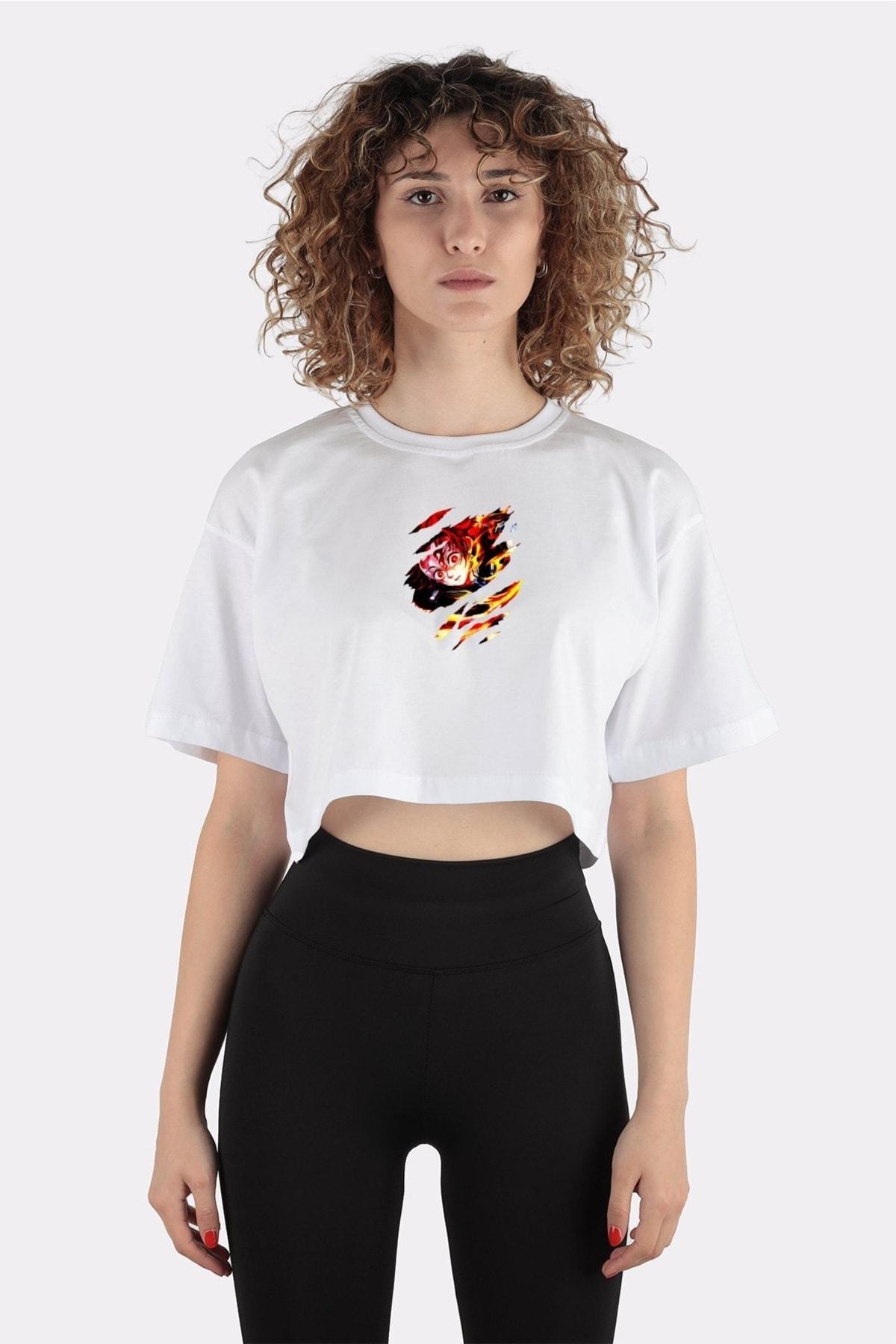 

Beyaz %100 Pamuk Bisiklet Yaka Crop T-shirt Demon Slayer