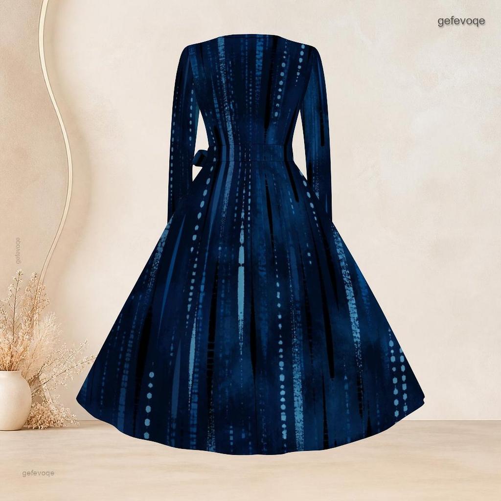 Plus Size Women Square Neck Long Sleeve Printed Navy Blue A Line Dress With Belt