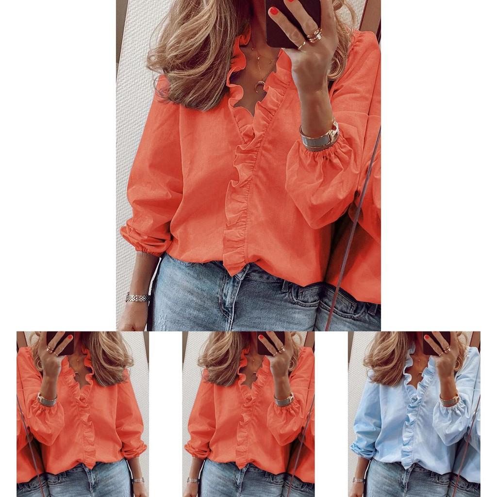 Elegant Womens Long Sleeve Shirts Blouse With Ruffle V Neck And Plus Size Options