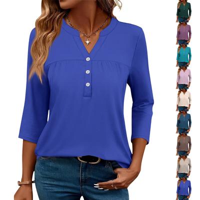 Women's Fashionable Casual Color V-Neck Decorative Button Three-Quarter Sleeve T-Shirt Top