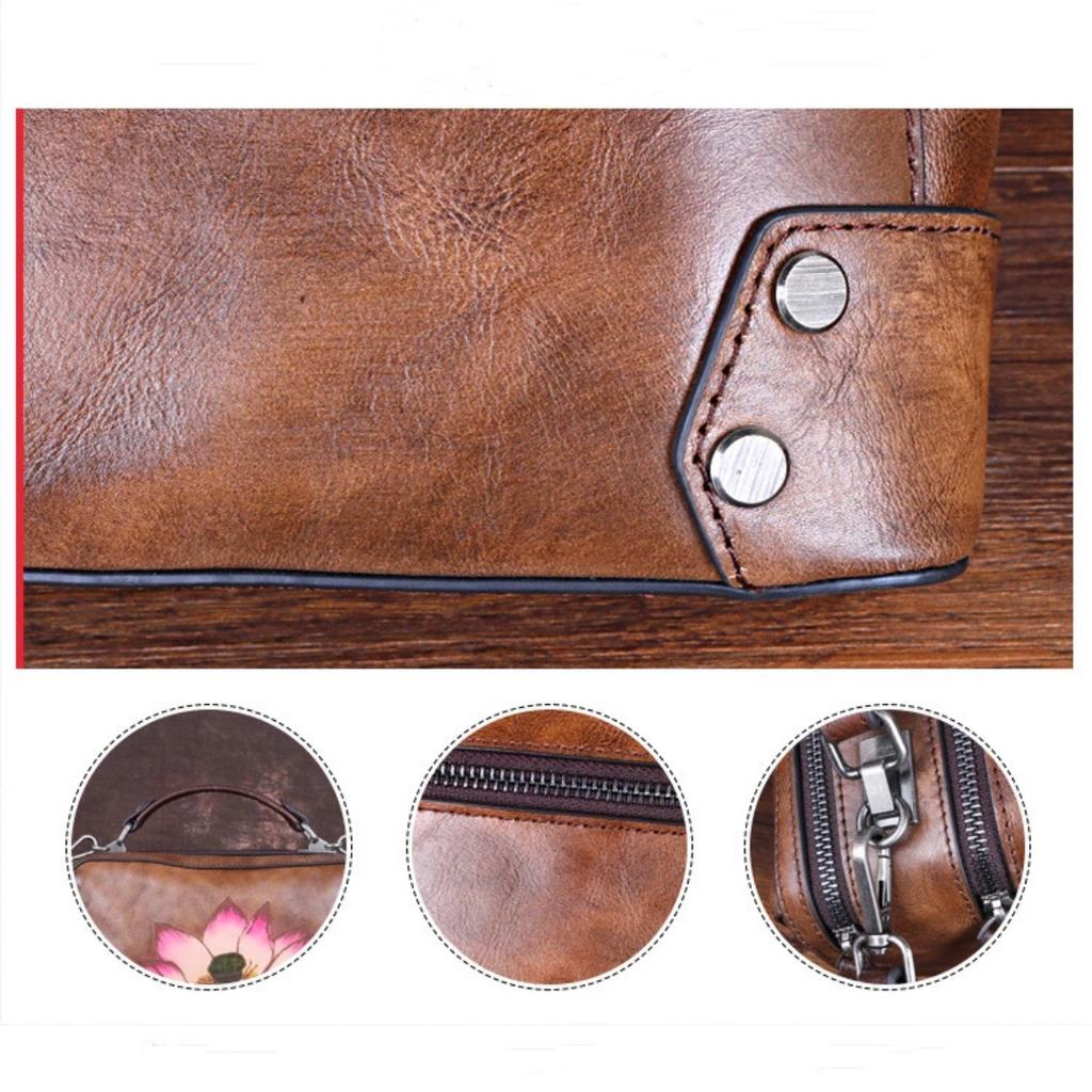 Vintage Leather Female Baotou Layer Cowhide Printed Handbag Texture Handmade Lotus Pillow Bag