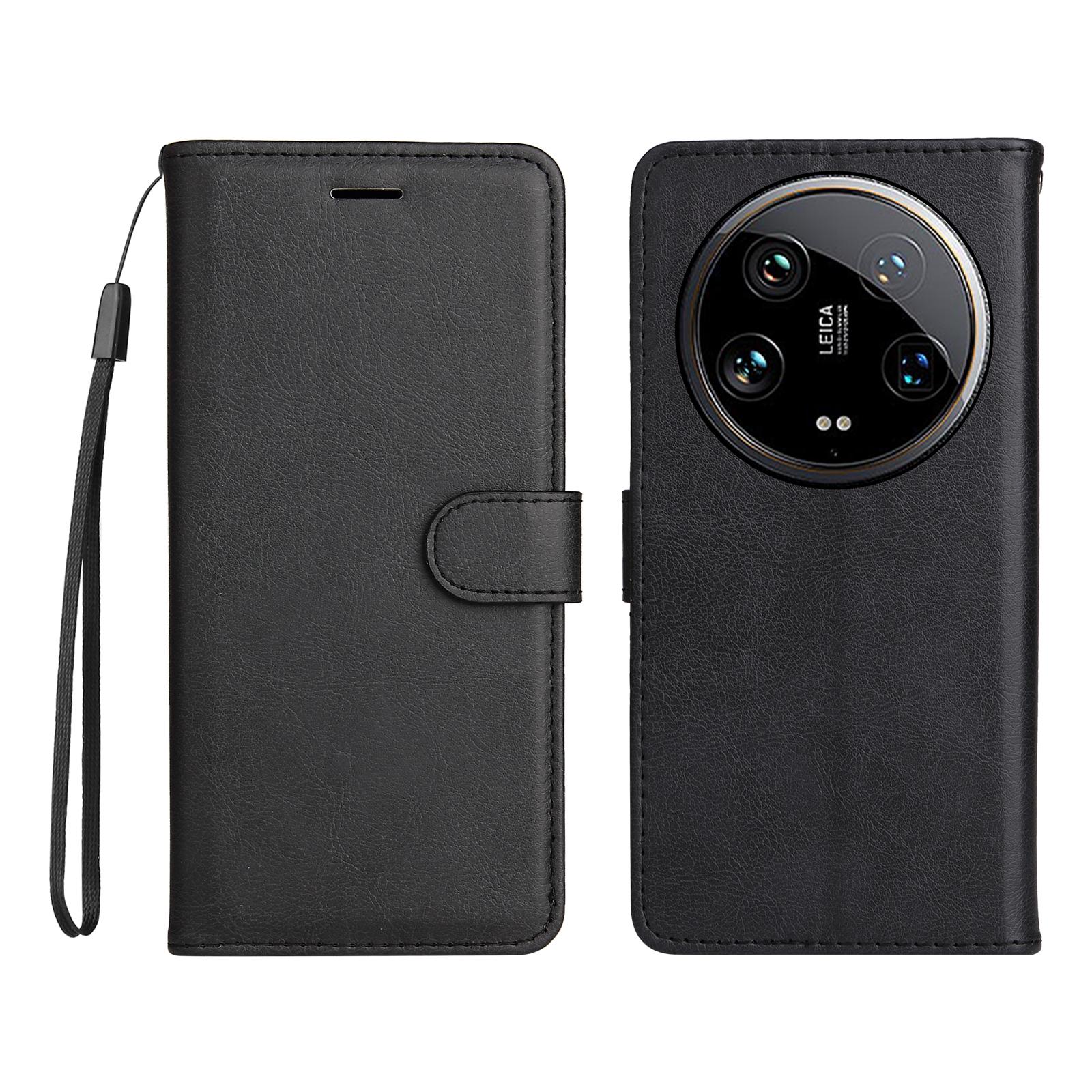 

For Xiaomi 14 Ultra Case Solid Color Leather Mobile Cover Wallet Stand with Strap Black