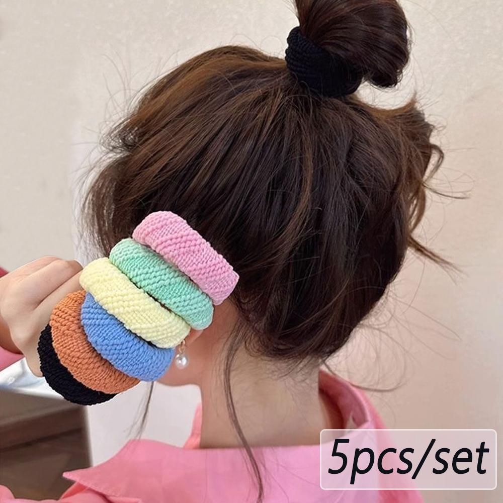 5pcs/Set Mixed Color Thick Hair Ties Soft Seamless Towel Scrunchies Women Girls Elastic No Damage Ponytail Holders Rubber Band