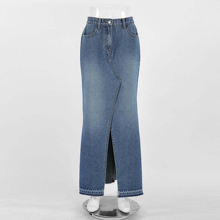 Sommer Pendler Hoher Bund Schlitz Blauer Denimrock Langer Rock Retro Hüftrock