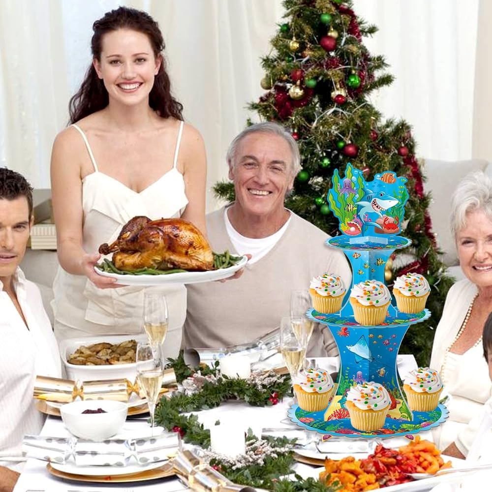 Under The Sea 3 Tiers Cupcake Holder Ocean Shark Cake Stand Birthday Party Decorations Dessert Cupcake Fish Beach Party Baby Shower Supplies