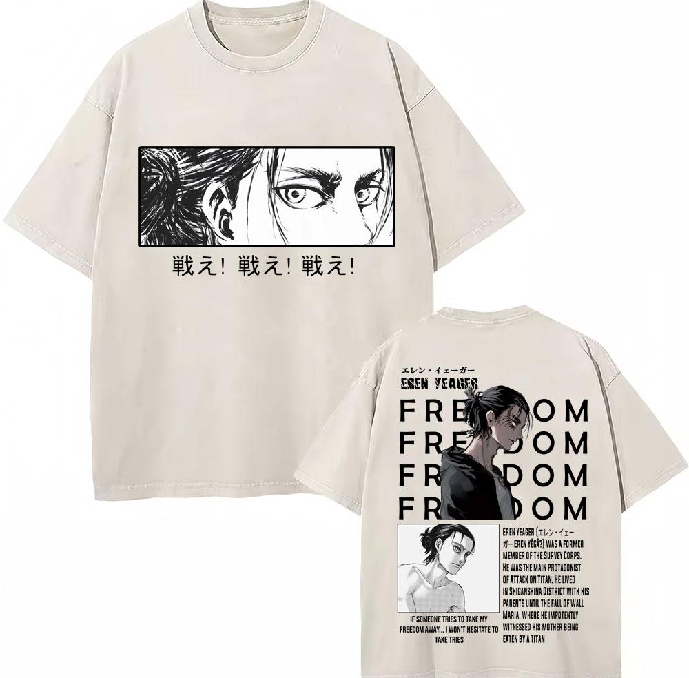 Washed Vintage Anime Attack On Titan Eren Jaeger Skeleton Graphic T Shirt Men Women Cartoon Manga Oversized Tshirts Streetwear