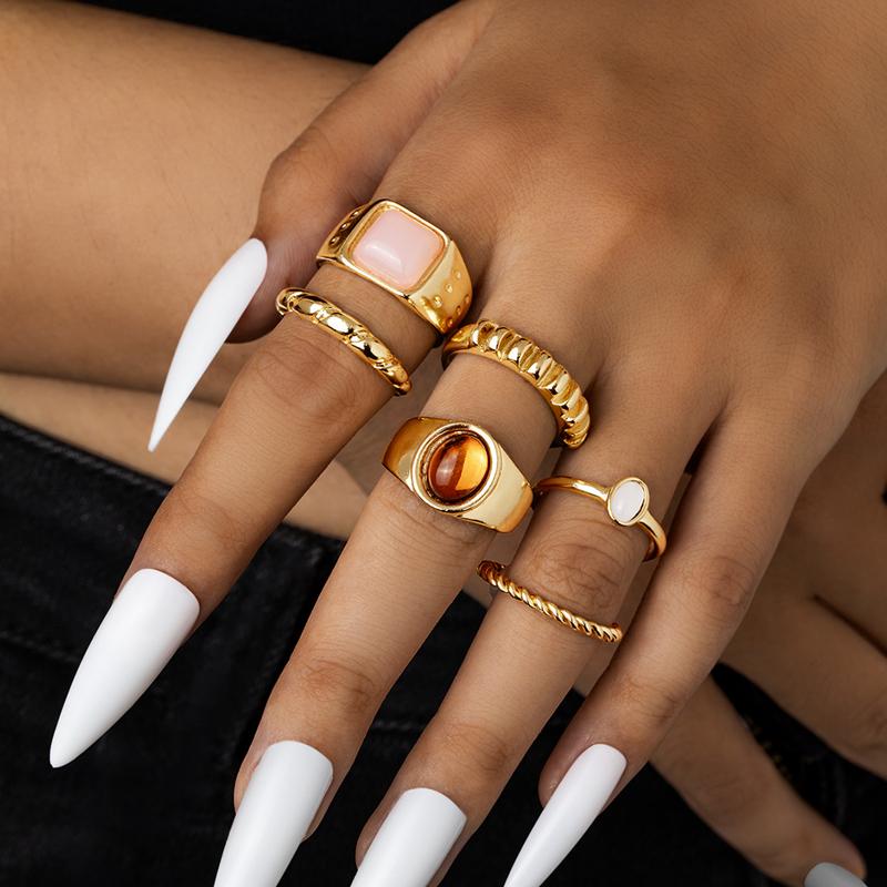 6Pcs/Set 2026 New Brown Stone Widened Opening Rings Set for Women Simple Twisted Lines Personality Finger Rings Party Jewelry