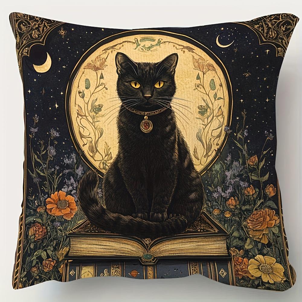 2D Flat- Vintage Witchy Black Cat Floral Book Square Throw Pillow Cover Celestial Moon Star Home Decor Cushion Case