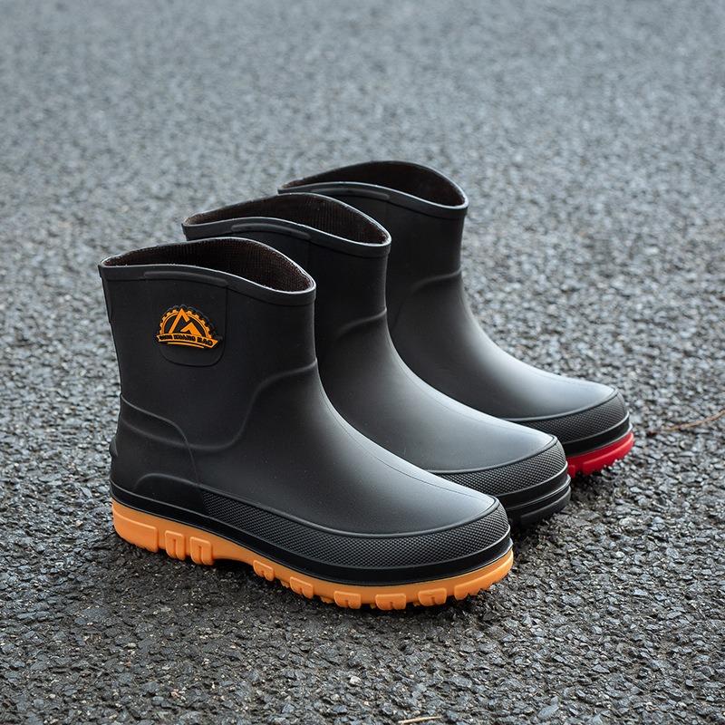 Rain Shoes Men's Fashion Wear Short Rain Boots Car Wash Fishing Cotton Waterproof Shoes Kitchen Work Non-slip Glue Shoes Men