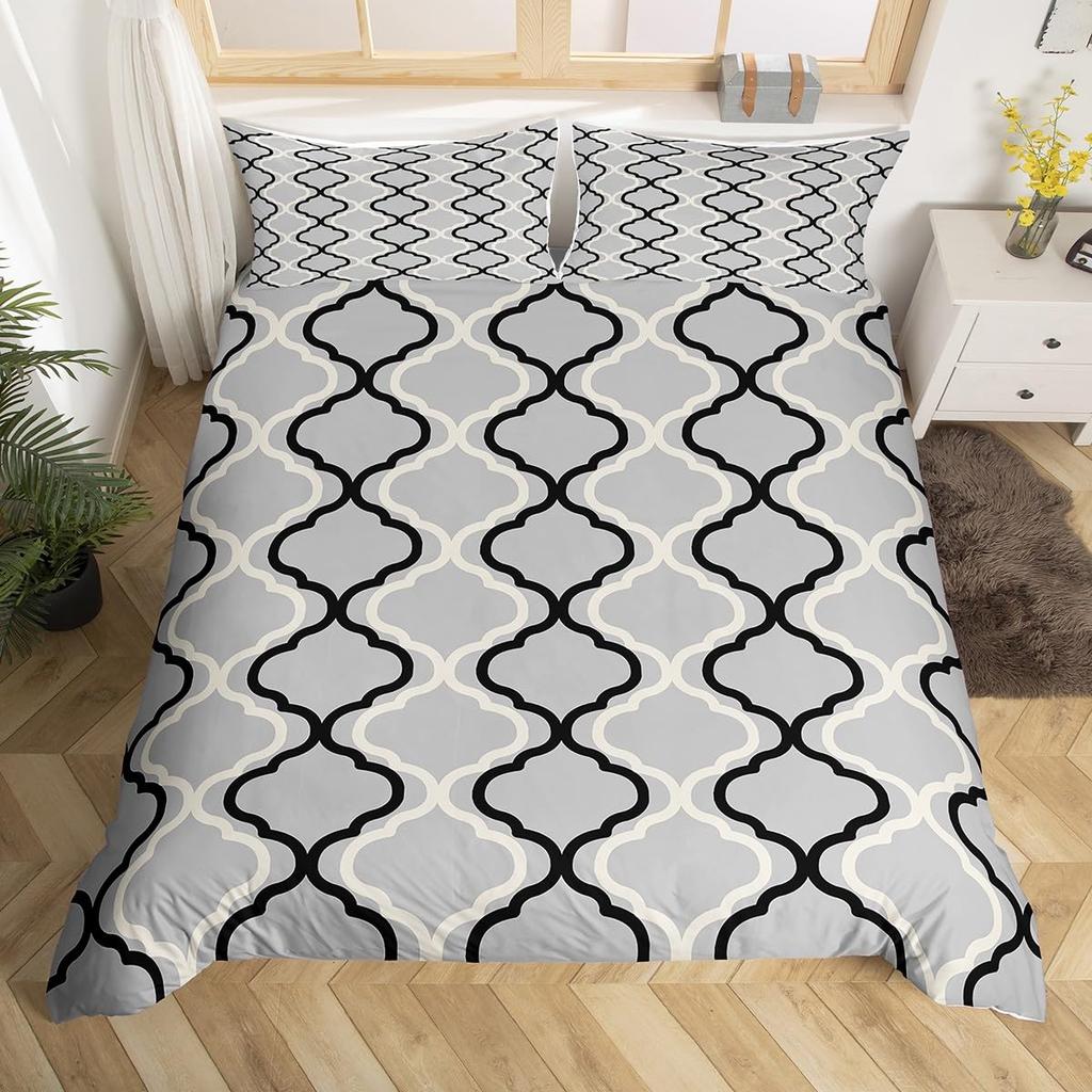 Geometric Modern Duvet Cover King Queen Black Gray Blue Comforter Cover with 2 Pillowcases Retro Stripes Geometry Bedding Set