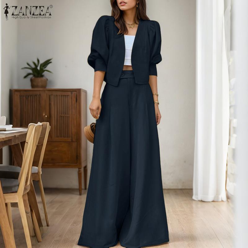 ZANZEA Women Long Sleeve Cardigan Blouse and Wide Leg Pants Two Piece Suit Sets