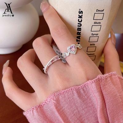2pcs/set Sweet  Open Ring Set for Women Luxury Pink Crystal Heart Silver Rings Accessories Jewelry