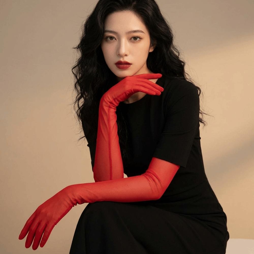 Elbow Transparent Gloves Ultra-thin Mesh Full Finger Gloves Fashion Sunscreen Mittens Female