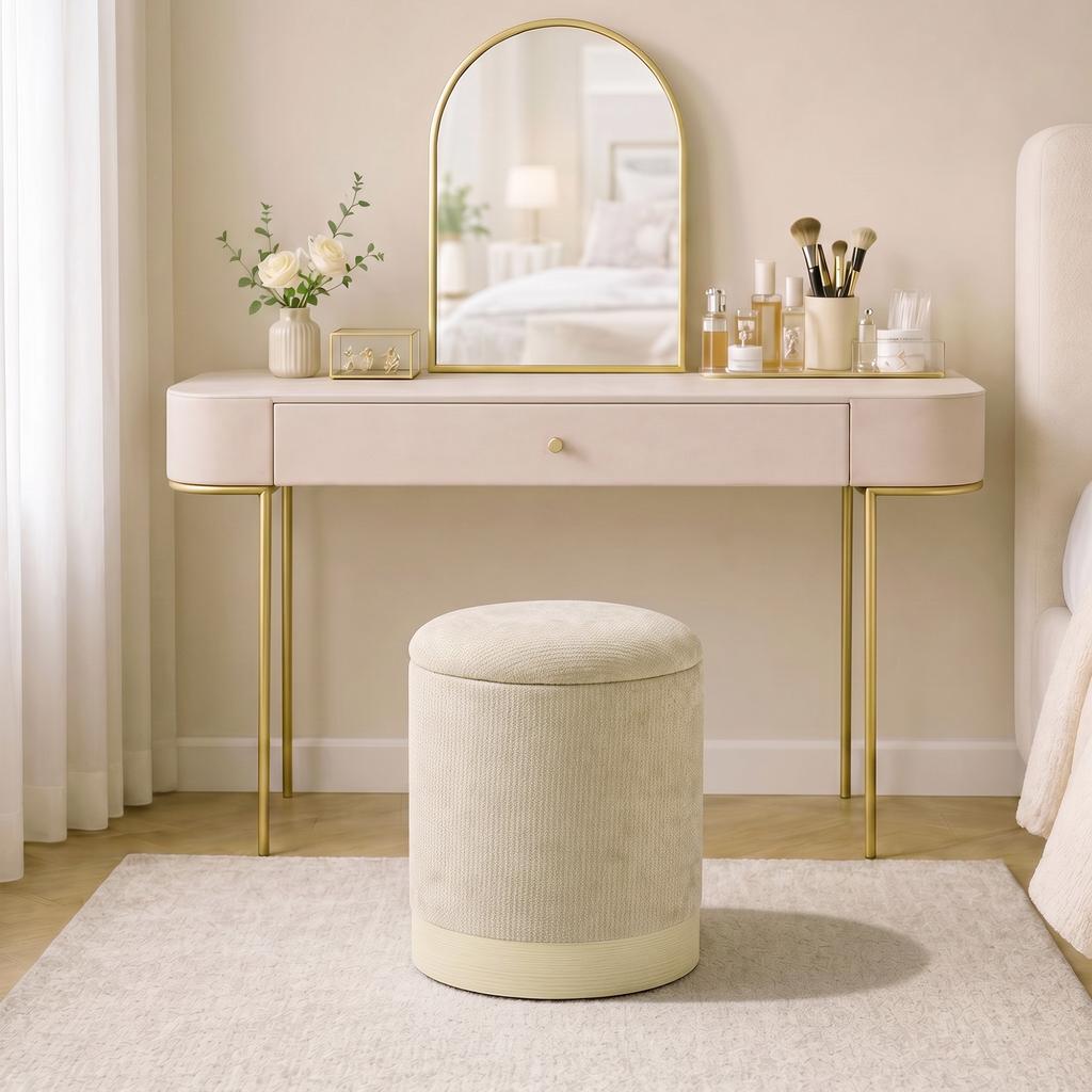 Storage Ottoman, Round Chenille Stool, Wood-Effect Metal Base, Beige