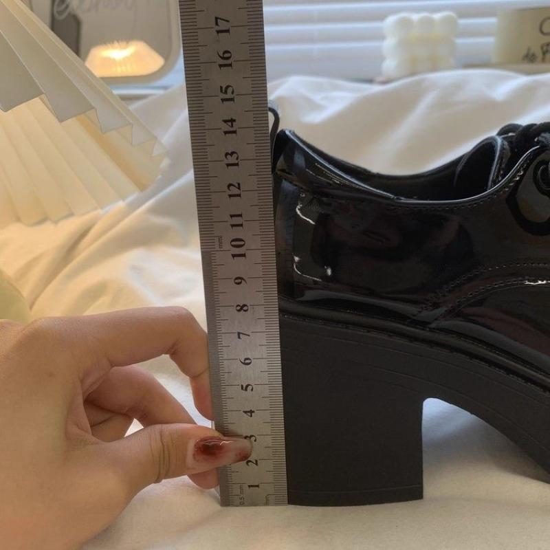 Thick High-heeled Small Leather Shoes for Women's Autumn New Round Head Platform College Style Lace-up Single Shoes for Women
