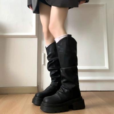 Autumn Pleated Stacking Boots Two Wear Foldable Boots Women's Thick Heel Thick-soled Knight Boots Stacked Long Boots