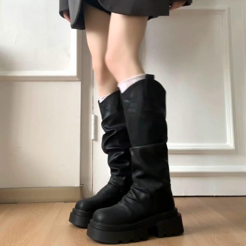 Herbstliche plissierte Stiefel zum Stapeln, zwei Trageweisen, faltbare Stiefel, Damenstiefel mit dickem Absatz und dicker Sohle, Ritterstiefel, gestapelte lange Stiefel