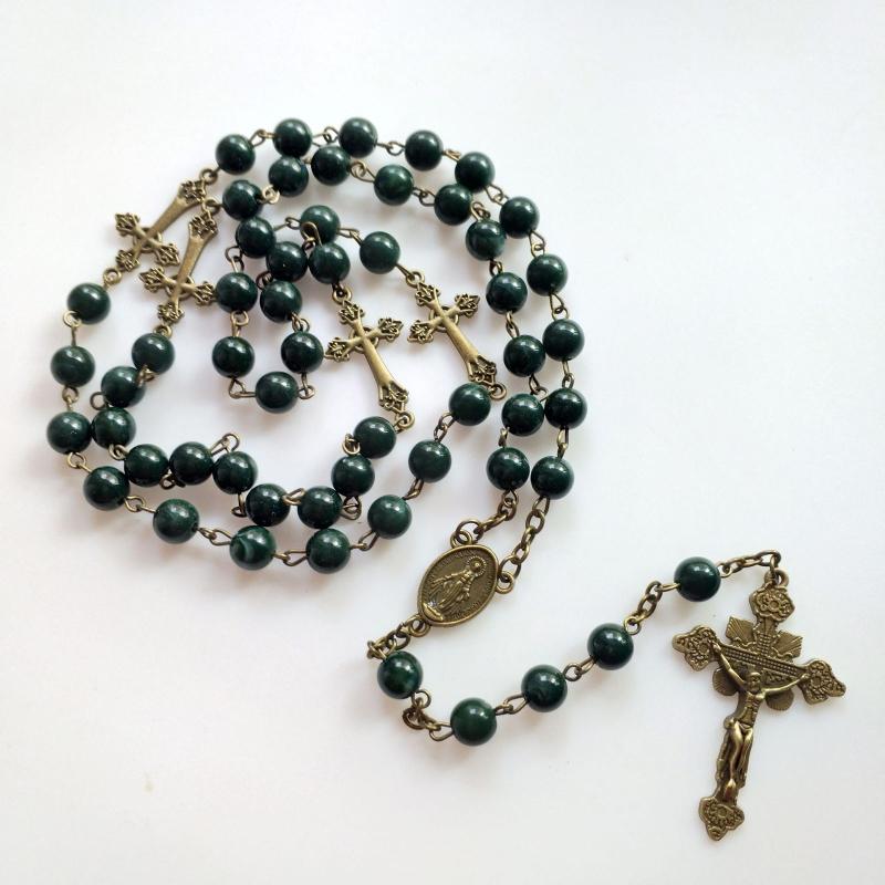 Green Pearl Beads Rosary Necklace with Medal & for Cross Crucifix Pendant Y Shape Necklace Jewelry Gifts for Women Men