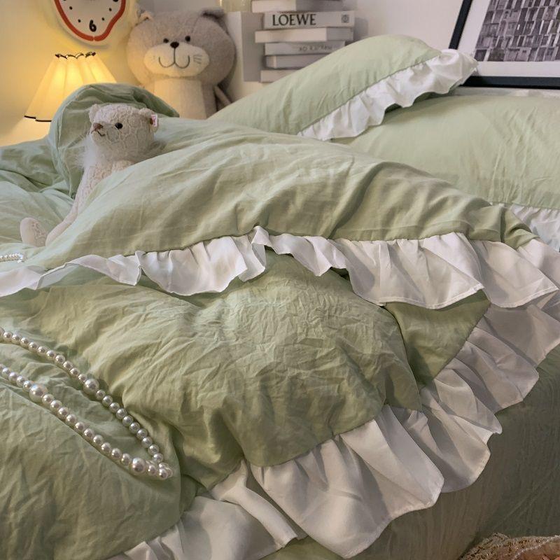 Blue Four-piece Set Celebrity Princess Style Ruffled Quilt Cover Bed Skirt Style Solid Color Three-piece Bedding Set