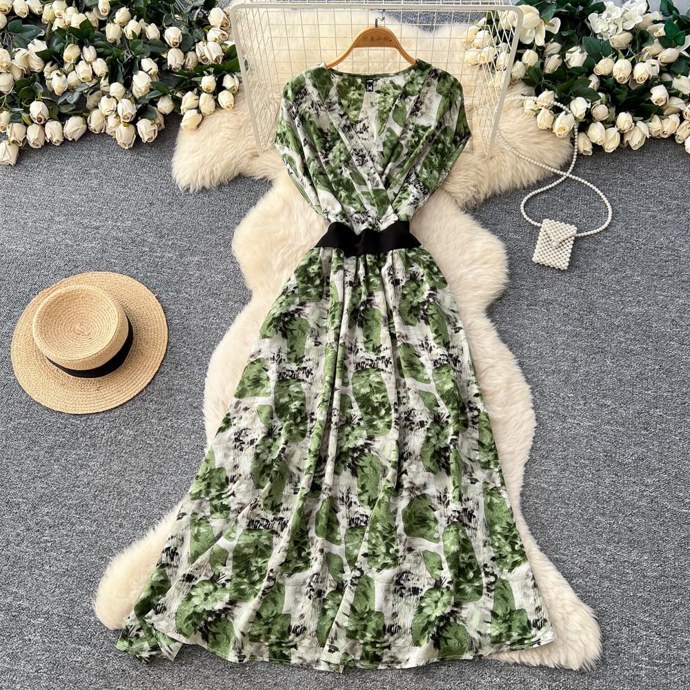 Commute Sleeveless Printed Dress Women Spring New High Waist Slim A Line Long Dress Luxury Design Sense
