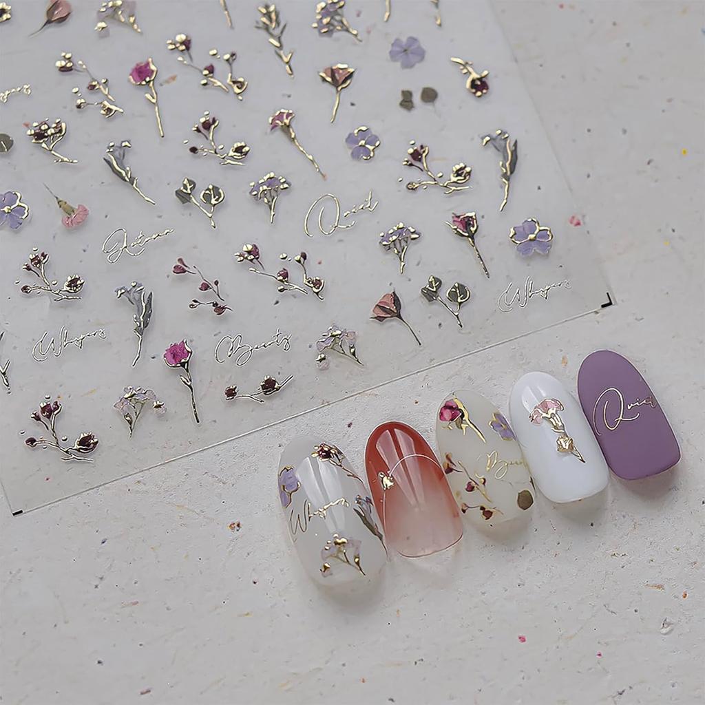 Flower Nail Stickers for Nail Art Decals Charms,5D Embossed Floral Butterfly and Heart Gem, Self-Adhesive 5 Styles Craft Nail Supplies 2 Sheets with